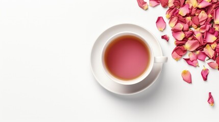 Rose tea creative layout. Dried rose petals, buds, flowers in tea cup isolated on white background. Alternative medicine concept. Top view, flat lay. Design element