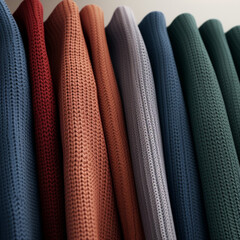 Knitting wool texture. Multi-colored stack of wool sweaters. AI Generation