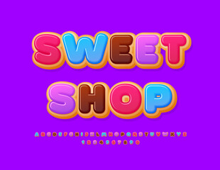 Vector tasty logo Sweet Shop. Donut style Font. Colorful cake Alphabet Letters and Numbers set