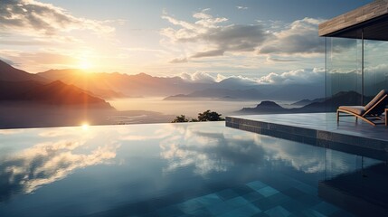 Infinity pool with amazing mountain and ocean view at sunset. Sun rays and mist. Cloud reflection in water. Luxury hotel viewpoint. - obrazy, fototapety, plakaty