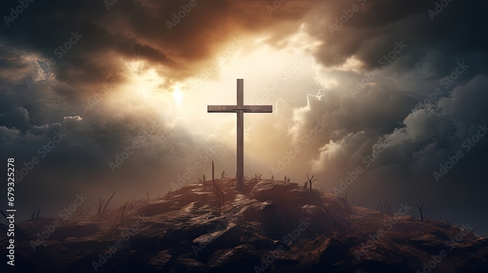 Poster Dramatic image showing a religious church cross framed against a moody sky that is beginning to open and pierce light through behind the cross, showing the Lord's presence.