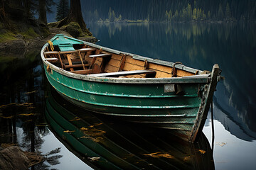 A lone canoe on a misty lake. Generative Ai