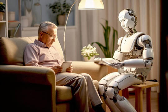 A hi-tech robot working as personal assistant for senior patient at home. AI Artificial Intelligence nurse takes care elderly people, high technology and medical for elderly health care at home.