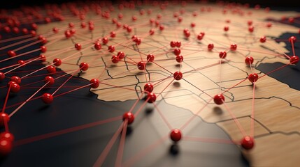 USA flag on the pushpin with red thread showed the paths of movement or areas of influence in the global economy on the wooden map. Planning of traveling or logistic concept. Network connection.