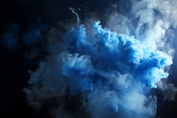 abstract background with blue smoke and splashes of powder. explosion of blue powder