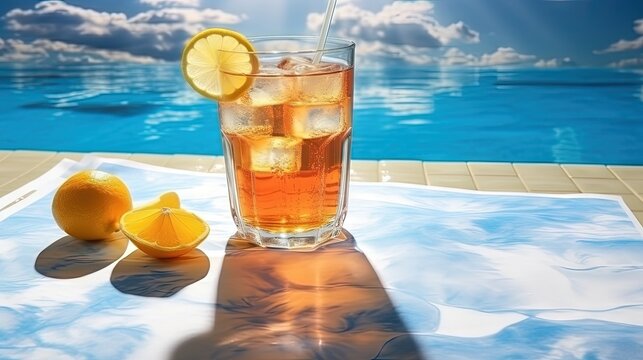 Summer on the pool and iced tea photo on table with ice and free space for your decoration