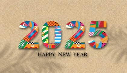 Happy New Year 2025 on Sandy Beach Texture background with Palm leaf shadow,Vector illustration Backdrop Brown Beach sand dune with barefoot for Chrismas , New Year banner - obrazy, fototapety, plakaty