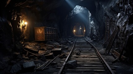 Underground mine passage with rails and light - obrazy, fototapety, plakaty