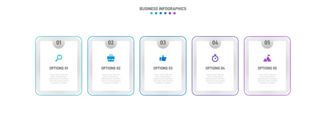 Timeline infographic with infochart. Modern presentation template with 5 spets for business process. Website template on white background for concept modern design. Horizontal layout.