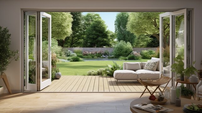 Fototapeta Beautiful garden and patio in summer seen from stylish designer room through bifold doors.