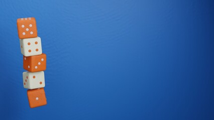 3d rendering of orange dice on blue background.  Empty space