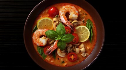 Thai Food Tom Yum Kung, Hot and sour spicy shrimps prawns soup curry lemon lime galangal red chili straw mushroom on table food, Shrimp soup on seafood soup bowl with thai herb and spices - top view