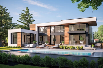 Fototapeta na wymiar Modern house exterior with swimming pool and garden. 3d rendering