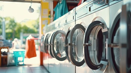 BANGKOK-THAILAND-July 20, 2022 : Selective focus to many washing machines in the laundry service center. Washing machines in the retail store. - obrazy, fototapety, plakaty