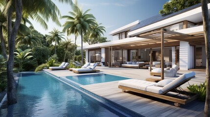 Fototapeta premium Interior and exterior design of luxury pool villa, house, home feature swimming pool, sunbed, blue beach towels and garden landscape
