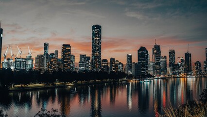 Majestic night view of the Brisbane city skyline, featuring a vibrant skyline of the city.