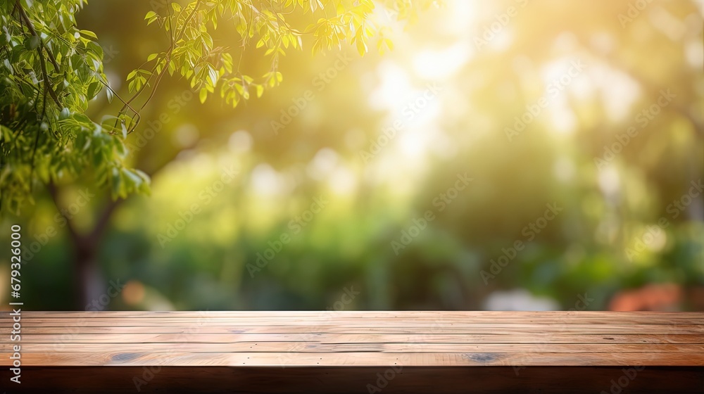 Fototapete Empty wood table and defocused bokeh and blur background of garden trees with sunlight. product display template.