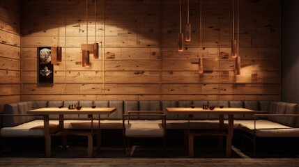 Yakitori Japanese Grilled Skewer Restaurant private seating area. Mostly decorated with oak wood texture. Minimalist interior design.