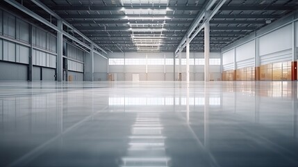 Industrial building or modern factory for manufacturing production plant or large warehouse, Polished concrete floor clean condition and space for industry product display or industry background.