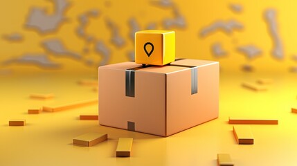 3D brown cardboard box and location pins isolated on yellow background. online shopping concept express delivery service banner decoration. 3d illustration. 3d render.