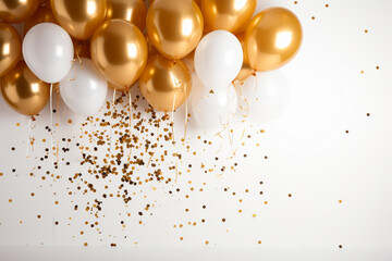 Golden and white balloons with confetti on white background