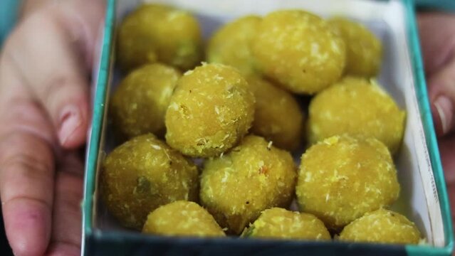 indian traditional dish sweet laddoo with narrow focus from flat angle