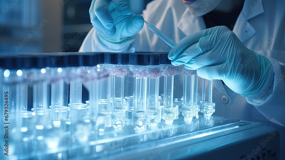 Poster scientist pipetting sample into vial for dna testing. scientist loads samples dna monkeypox amplific