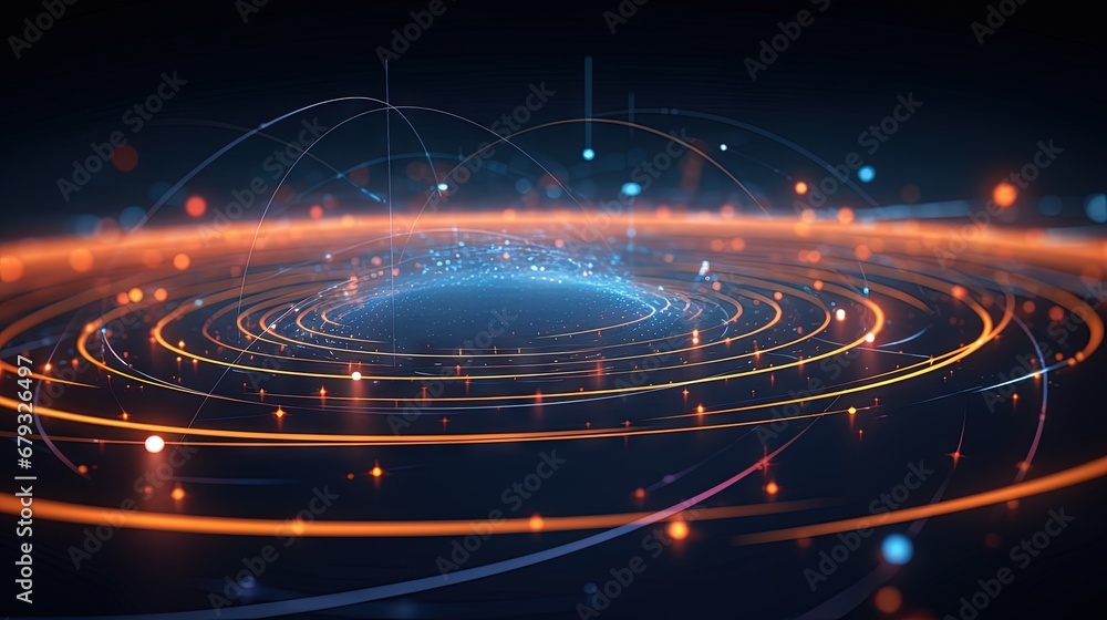 Poster Wireless systems, globalization, big data. Data analytics, blockchain technology. 3D illustration of circular paths. Orbital motion abstract background