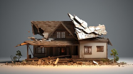 A wooden house with a crack. The concept of a damaged house, dilapidated housing. Home repair after disaster. Renovation, restoration of the old building. Property insurance. Damage. Weather element.