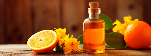 Orange essential oil in a bottle. Generative AI,
