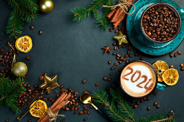 Cup of cappuccino with cinnamon. New Year's decor. Numbers 2024. On a dark background.