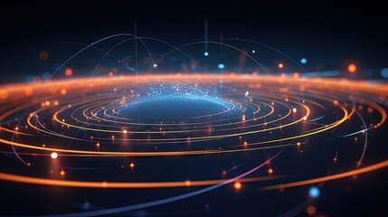 Wireless systems, globalization, big data. Data analytics, blockchain technology. 3D illustration of circular paths. Orbital motion abstract background