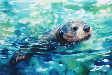 Fototapeta premium A playful otter floating on its back, with a watercolor background featuring shades of blue and green to create the illusion of water