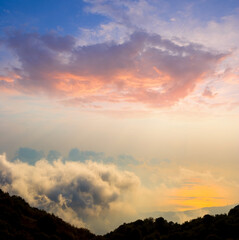 mountain plateau slope at the sunrise, autumn mountain travel scene