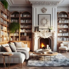 A living room with a fireplace and a bookshelf filled with books and magazines