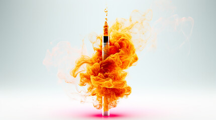 Ultra Vape Pen Isolation with orange smoke On White Background  - obrazy, fototapety, plakaty