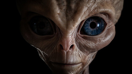 A close up of an alien face with blue eyes