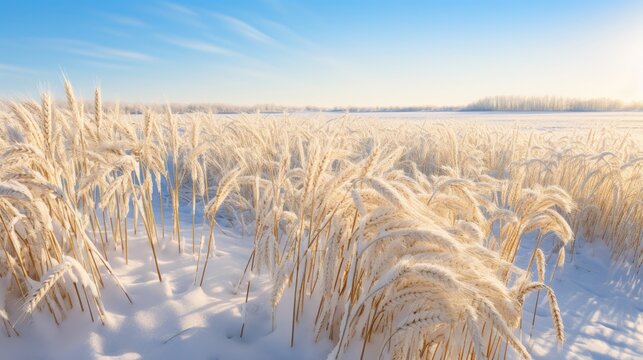 beauty of snow-covered fields adorned with rows of golden winter wheat on a crisp February day.