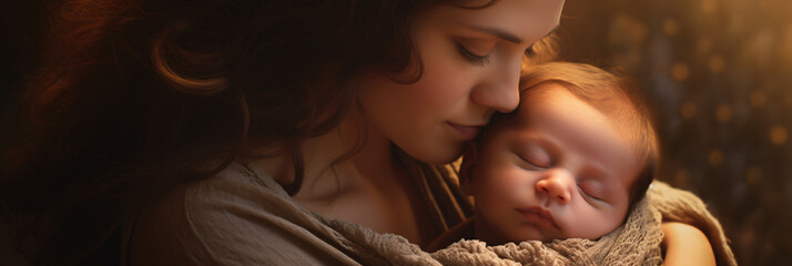 Tender Moments of Motherhood  Mom Cradling Her Newborn Baby in a Cozy Home Setting - obrazy, fototapety, plakaty