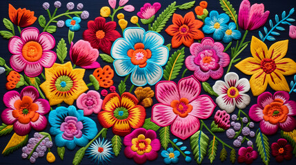 colorful flower embroidered on fabric in traditional Latin American style. ai generative - obrazy, fototapety, plakaty