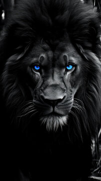 black and white portrait of a lion with blue eyes