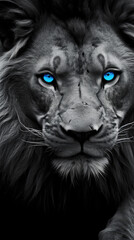 black and white portrait of a lion with blue eyes
