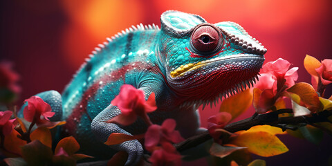 Fototapeta premium colorful chameleon on a flower. ai generative