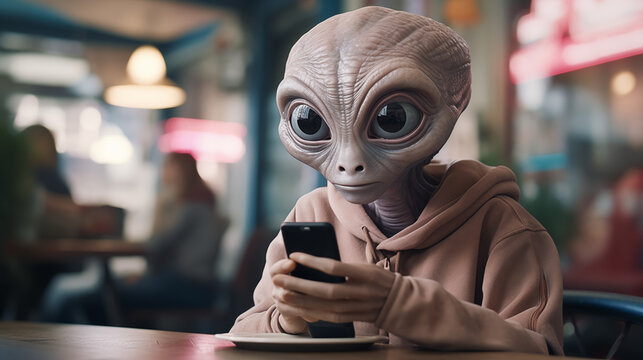 An alien is looking at a cell phone