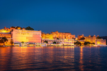 Panoramic view of Udaipur city and Lake Pichola from Ambrai Ghat at Udaipur, Rajasthan, India