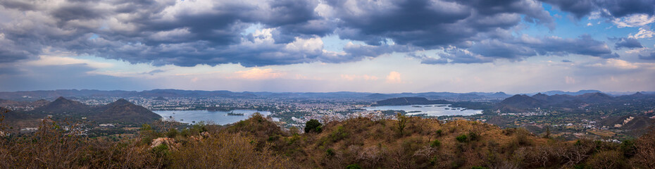 Panoramic aerial view of Udaipur city also known as city of lakes from  Monsoon palace at...