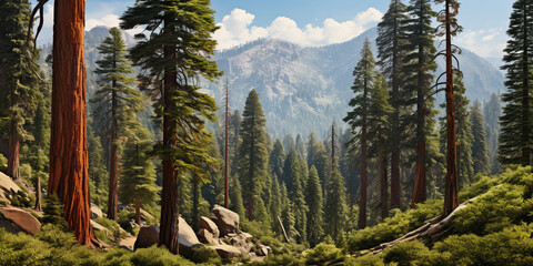 an elevated view of giant sequoia trees in a forest. ai generative - obrazy, fototapety, plakaty