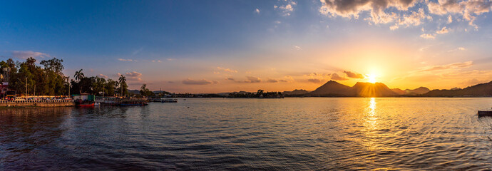 Mesmerizing view of Fateh Sagar Lake situated in the city of Udaipur, Rajasthan, India. It is an...
