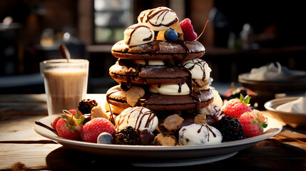 A stack of pancakes with a ice cream topping and a glass of coffee - obrazy, fototapety, plakaty