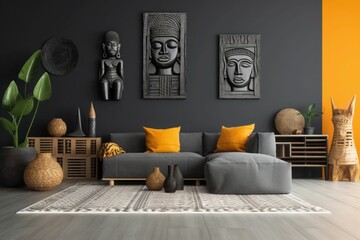 Modern living room, gray sofa, yellow accents, African sculptures, tribal masks wall art, indoor plants, wicker decor, geometric rug, dark gray wall